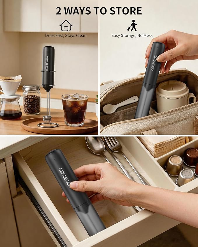 CIRCLE JOY Rechargeable Milk Frother Hanheld with Stand, Dual Coil Whisk Head Electric Coffee Frother, Portable Hand Frother Wand Drink Mixer for Matcha Lattes Cappuccino, Kitchen Gifts, Black