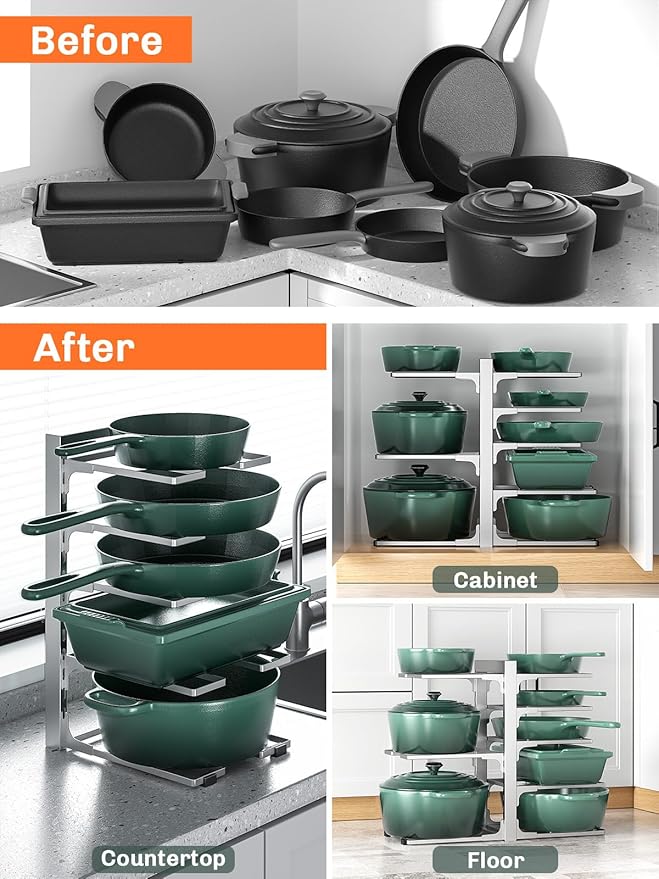 MUDEELA 8-Tier Pots and Pans Organizer under Cabinet, 15.83" Height Heavy Duty Pot Pan Organizer Kitchen Cabinet Organization and Storage, Adjustable Pot Rack for Frying Pan, Cast Iron Skillet, Sliver