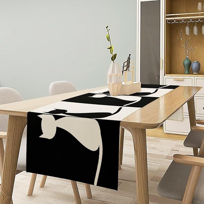 Cartoon Cat Table Runner, Black and White Minimalist Style Abstract Cartoon Patchwork Cat Plant Table Decor Table Top Dining Kitchen Wedding Party 13x108 Inch