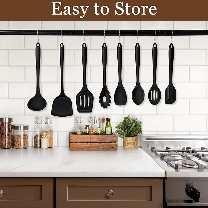 LIANYU 8Pcs Cooking Utensils Set, Heat Resistant Kitchen Utensils, Silicone Utensils Spatula Set for Nonstick Cookware with Spatula, Ladle, Turner, Spoon, Dishwasher Safe, Black