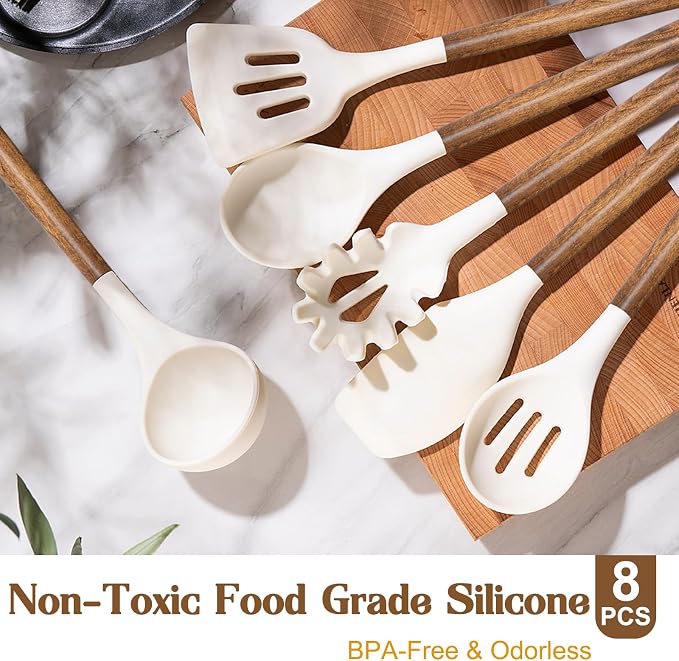 Non-Stick Silicone Kitchen Utensils Set with Natural Acacia Hard Wood Handle, Umite Chef 8 Pieces Kitchen Spatulas set, White, BPA Free, Baking, Serving and Cooking Utensils
