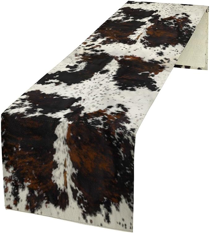 Cow Animal Skin Print Table Runner,Cotton Linen Rustic Cottage Country Farm Animal Fur Skin Pattern Western Style Black Brown Cowhide Print Dinner Runner for Home Kitchen Dining Table Decor 13"x36"