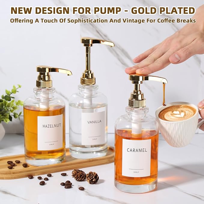 Coffee Syrup Dispenser, Glass Syrup Pump Dispenser for Coffee Bar Accessories, Maple Syrup Bottles with Tray, 16.9 fl oz Simple Syrup Bottles with 1/4oz Large Capacity Gold Pump