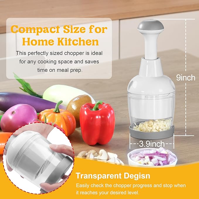 Food Chopper, Vegetable Chopper with Container, Onion Chopper Vegetable Cutter, Manual Veggie Chop Handheld Food Chopper for Garlic, Nut, Stainless Steel Blades, Dishwasher Safe, Easy to Clean, White