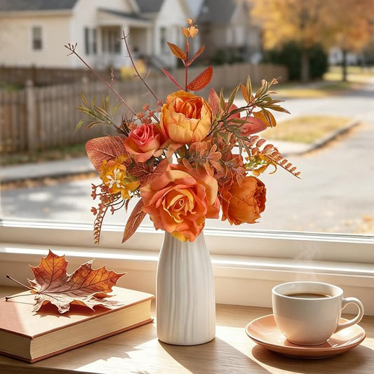 Small 11.8" Artificial Flowers in Ceramic Vase - Orange Silk Flower Centerpiece for Dining Table, Office, Wedding & Farmhouse, Home Decor
