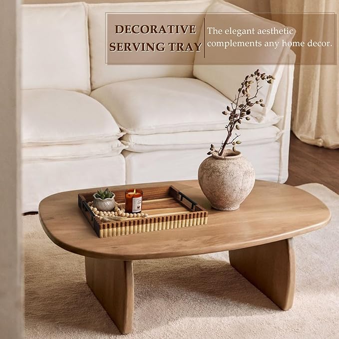 Acacia Wood Decorative Serving Tray with Handles, 16.7" x 12.8" Large Wooden Ottoman Tray for Living Room, Coffee Table Tray Decor for Food, Dinner, Tea or Breakfast in Bed (Natural)