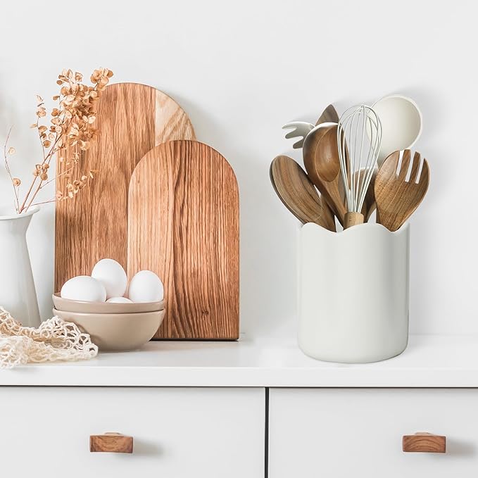 Large Utensil Holder for Kitchen Counter, Ceramic Kitchen Utensil Crock with Protection Cork Mat, Modern Cooking Tools Organizer for Countertop, White