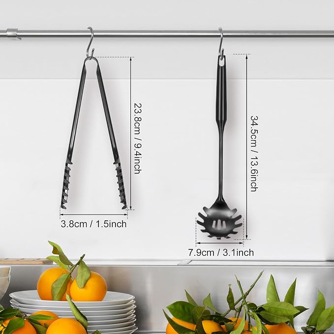 Patelai Stainless Steel Spaghetti Spoon and Pasta Tongs Set, Long Handle Noodle Server Tools with Drain Holes, Non-slip Grip for Cooking, Serving Pasta and Noodles(Black)