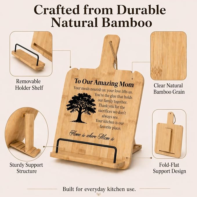 Bamboo Cookbook Stand for Kitchen Counter, Wooden Recipe Book Holder with 4 Adjustable Angles, Space-Saving Wall Mount Tablet Stand, Personalized Mothers Day Gifts for Mom