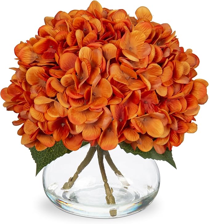 Hollyone Orange Fall Hydrangea Artificial Flowers for Decoration with Vase Silk Fake Flowers Arrangements in Glass Vase with Faux Water Autumn Festival Table Centerpiece Fall Decorations for Home