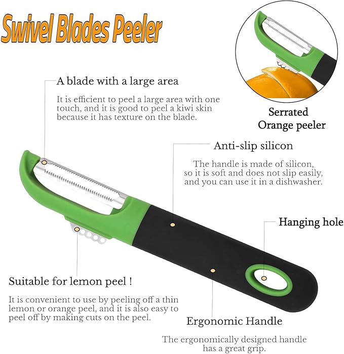 Swivel Vegetable Peeler, Ultra Sharp Stainless Steel Fruit Peeler with Ergonomic Non-Slip Handle, Multifunctional Kitchen Peeler for Potato Carrot Apple Orange Citrus, Dishwasher Safe