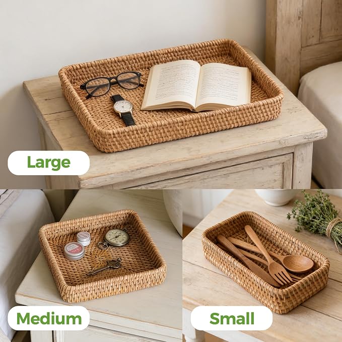 Rattan Serving Tray, Rectangle Basket Set of 3, Wicker Storage and Organizing Baskets, Natural Decorative Woven Tray for Home Decor, Bathroom, Kitchen Counter