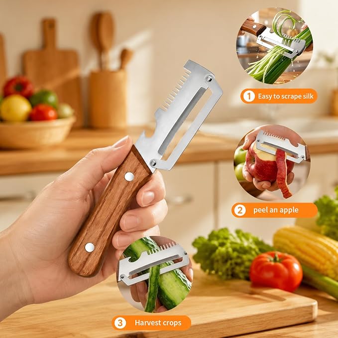 2PCS Multi-Functional Kitchen Peeler, 3 in 1 Premium Vegetable Peeler with Wooden Handle and Bottle Opener,Kitchen Gadgets Tool for Fruit Pumpkin Peeling Potato Carrot Veggie Peeler