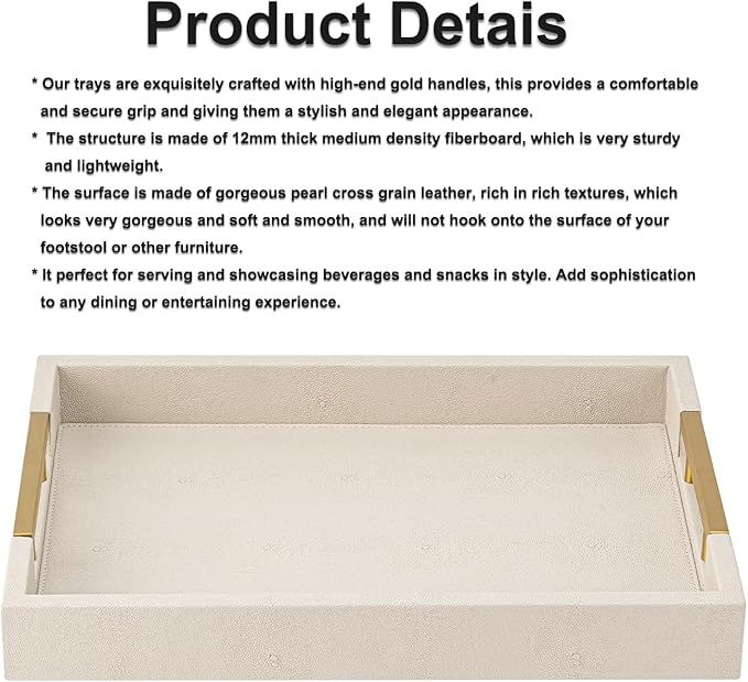 Beige Faux Leather Serving Tray with Handles – Large Decorative Tray for Coffee Table, Ottoman, Living Room, Bathroom – Home Decor