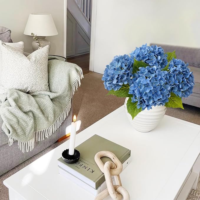 JINWOE Savoy Blue Boho Artificial Hydrangeas Flowers, 4Pcs 20" Real Touch Lifelike Silk Artificial Hydrangeas, Full Fake Flowers for Bouquets Table Centerpieces Spring Wedding Indoor Home