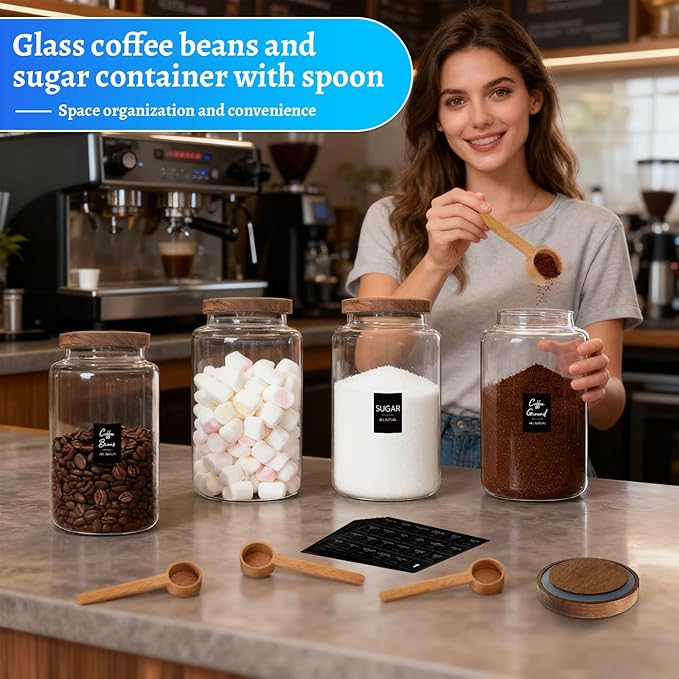 Glass Storage Jar with Bamboo Lids Spoons Glass Coffee Canister Borosilicate Glass Food Container for Coffee Beans Nut Pasta Sugar Candy Spice Rice Loose Tea (2800/94oz-2pack)