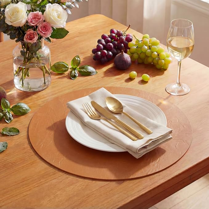 Artoid Mode Rust Faux Leather Placemats Set of 4, 15 Inch Waterproof Wipeable Heat Resistant Vinyl Place Mats, Reversible Table Mats for Fall Kitchen Dining Decor
