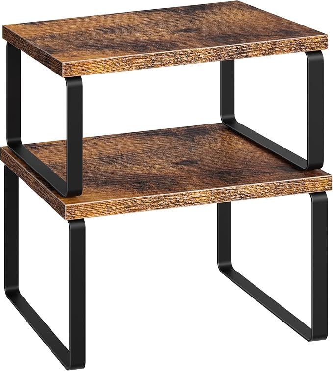 HOOBRO Cabinet Organizer Shelf, Set of 2, Kitchen Countertop Organizer, Kitchen Countertop Shelf, Spice Rack for Counter, Stackable, Expandable for Cabinet, Kitchen, Rustic Brown and Black BF33TL01