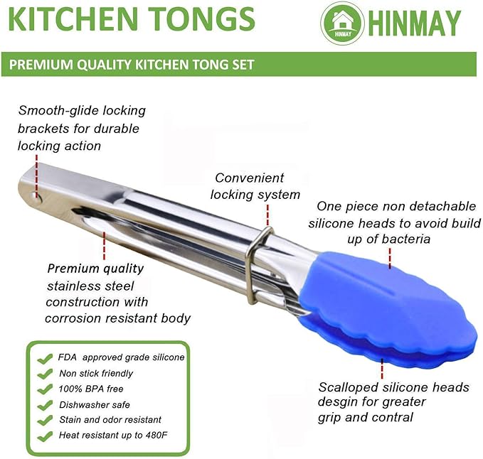 HINMAY Small Tongs with Silicone Tips 7-Inch Serving Tongs, Set of 3 (Blue)