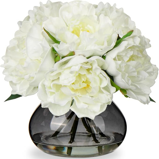 Hollyone Peonies Artificial Flowers with Vase White Peony Fake Flowers Faux Silk Flower Arrangements in Glass Vase with Faux Water Faux Floral Bulk Bouquet for Home Office Table Centerpiece Decoration