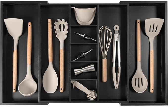 KitchenEdge Adjustable Kitchen Drawer Organizer for Utensils and Junk, Food-Safe Contract Grade with 100% Sustainable Wood, Expandable from 16 to 28 Inches Wide - Black Bamboo