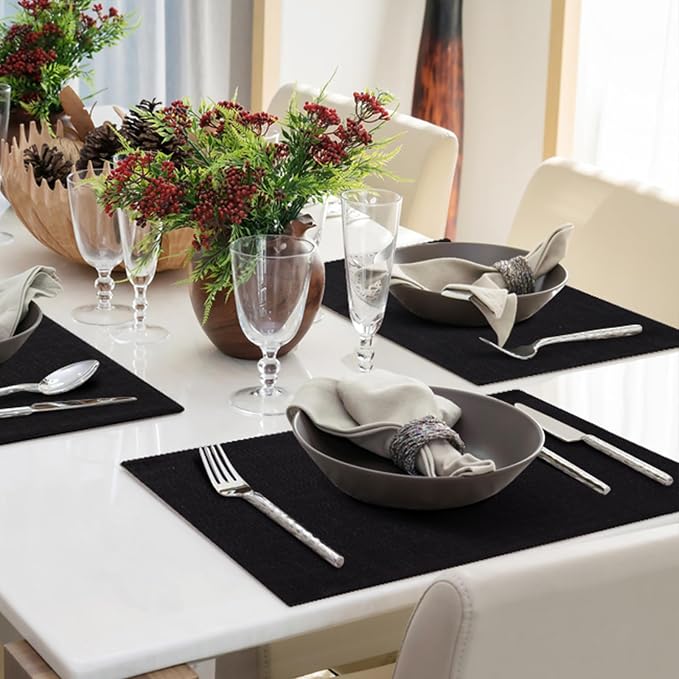 homing Faux Cotton Linen Placemats Set of 8, Cloth Washable Farmhouse Dining Table Mats for Indoors & Outdoors, Easy to Clean, Black, 13 x 19 Inch