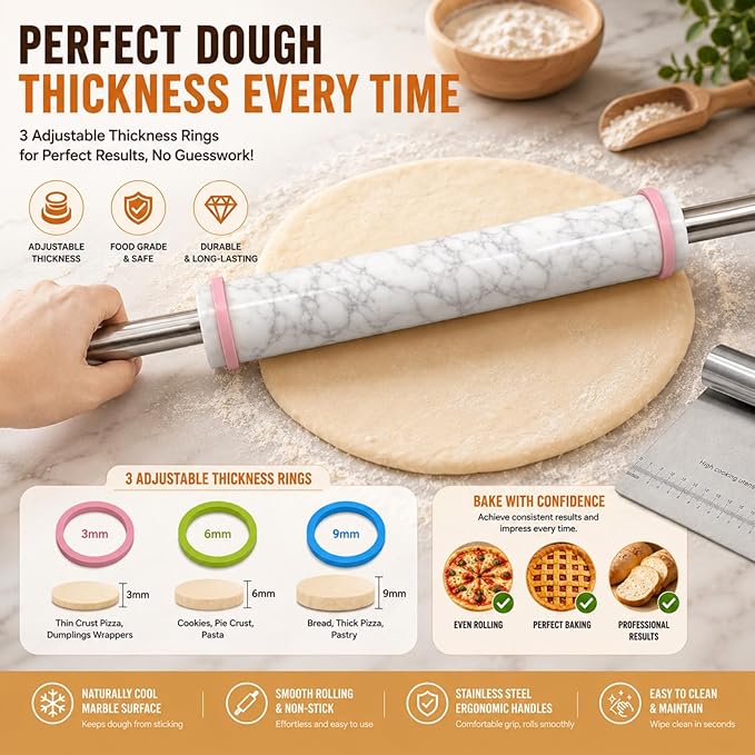Premium White Marble Rolling Pin Set with Natural Veins, Stainless Steel Handles, Wooden Stand, Pastry Mat, Dough Cutter & 3 Thickness Rings – Baking Gift Set