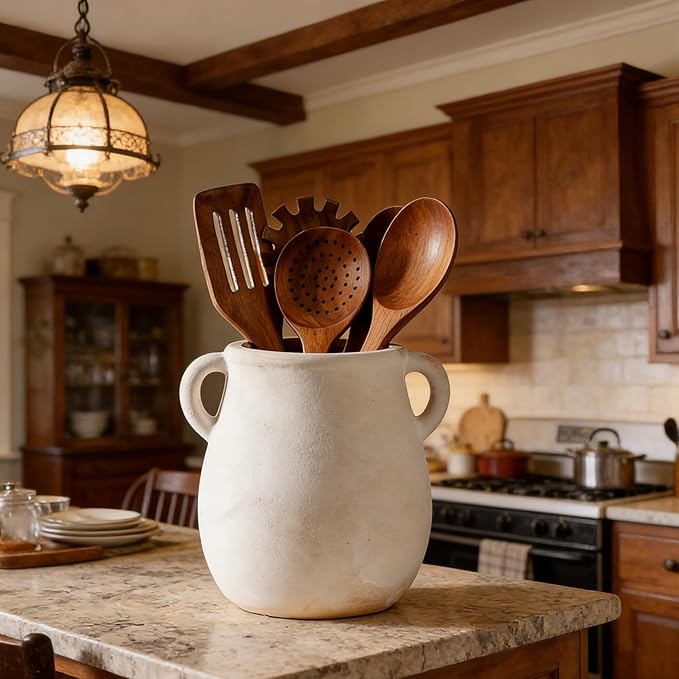 Rustic Kitchen Utensil Holder for Countertop, Ceramic Utensil Crock for Kitchen Counter,Farmhouse Spatula Organizer for Countertop, Vintage Crock Decor, Ideal Housewarming Gift (White)