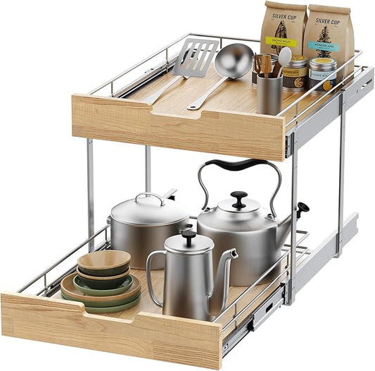 Sikarou Pull Out Cabinet Organizer,Heavy-Duty Slide Out Shelf, Wood and Wire Basket, Pull Out Drawer for for Kitchen Under Sink Space, Pantry, Bathroom, 2 Tie 11 * 21 in