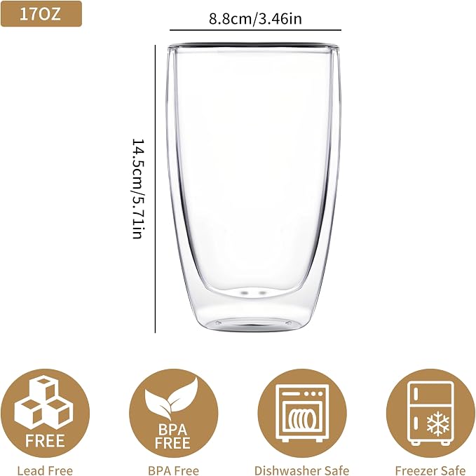 MESNEY 17oz Double Walled Glass Coffee Mugs, Glass Coffee Mugs Set of 48, Insulated Clear Cappuccino Latte Mugs for Home, Cafe & Restaurant, Durable Stackable Drinking Glasses