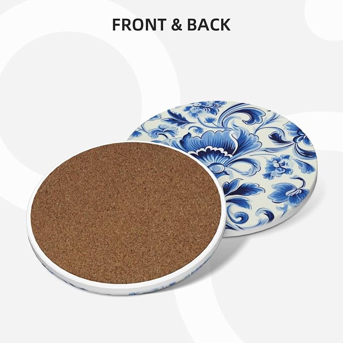 Coaster for Drinks Set of 6, Blue Vintage Spanish Ceramic Floral Absorbent Round Ceramic Stone Mat, with Cork Base and Metal Holder, Gift for Housewarming Room Bar Decor (Azulejo Tile-4)