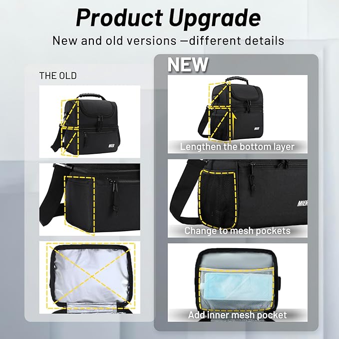 MIER Insulated Lunch Box Dual Compartment Lunch Bag Leakproof Cooler for Men Women Adult Work, Black, Medium (Upgraded Extra-Tall Bottom Layer)
