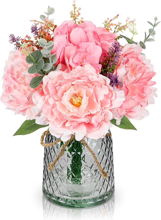 Briful Faux Flower Arrangements Artificial Peony Hydrangea Silk Flowers with Glass Vase Realistic Fake Potted Floral Bouquet for Home Offices Weddings Parties Table Centerpieces Décor (Pink)