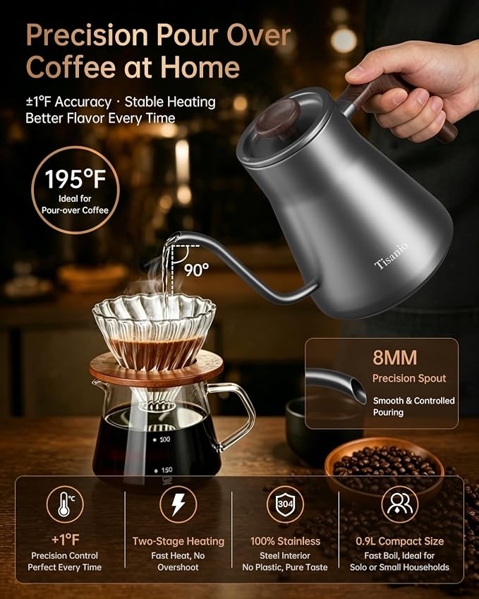 Gooseneck Electric Kettle for Pour Over Coffee, ±1°F Precision Control, Smart Two-Stage Heating, 2-Hour Keep Warm, 0.9L Stainless Steel, Gray Wood Handle