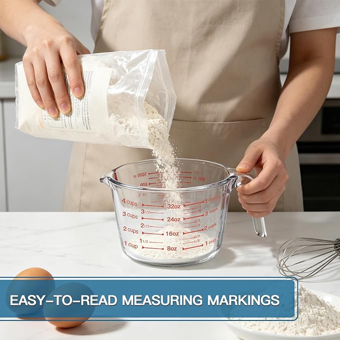 KOMUEE 4 Pieces Glass Measuring Cups Set | 5 Oz, 1-Cup, 2-Cup, 4-Cup Liquid Measuring Cups with Lids for Kitchen, Freezer and Microwave Safe