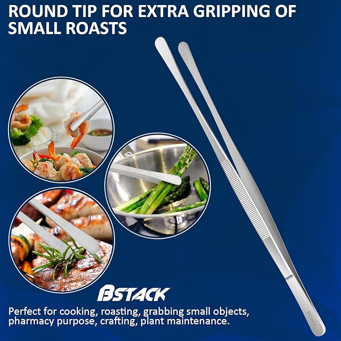 Brand Stack Kitchen Tweezers 14” Japanese Stainless-Steel Cooking Tong Tweezers Set of 2 with Precision Serrated Tip Premium Long Tweezers for Kitchen Serving Food Chef & Pasta Cooking tweezers.