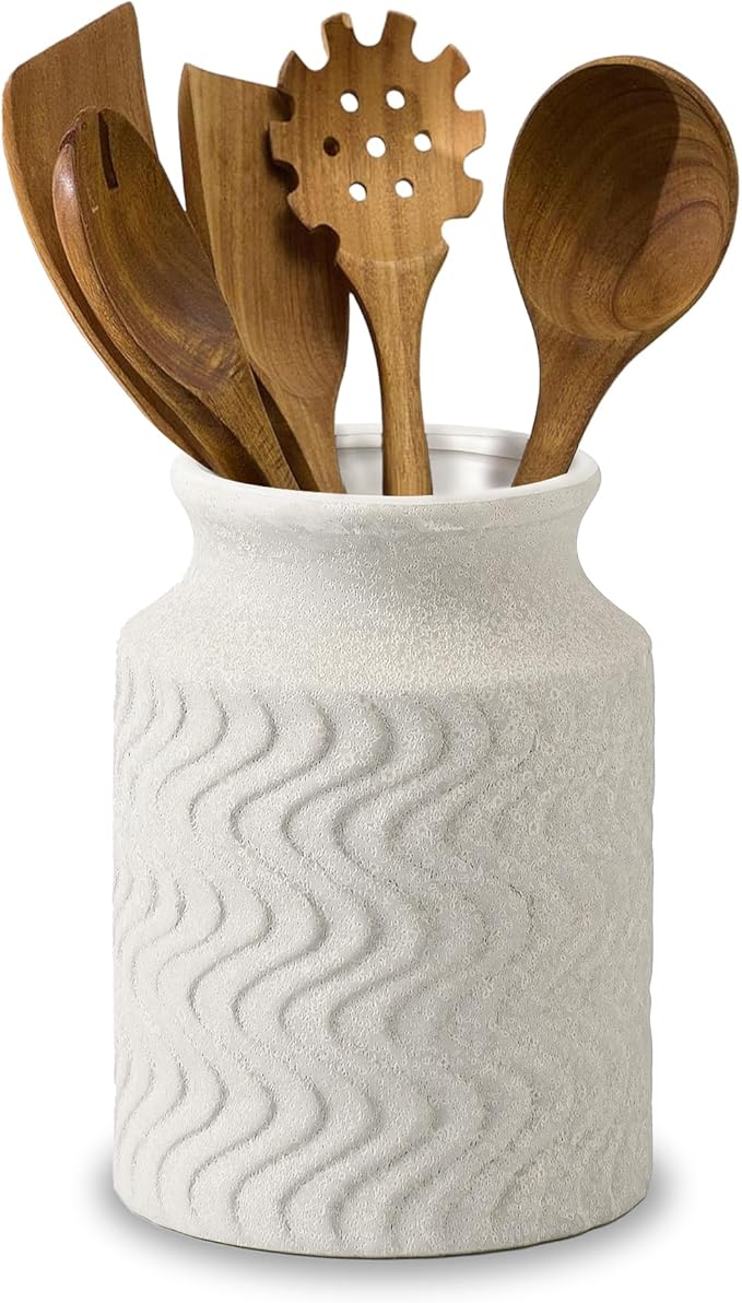 Farmhouse Ceramic Farmhouse Kitchen Utensil Holder for Countertop, Rustic Cooking Utensil Holder Crock Fit for Kitchen Counter