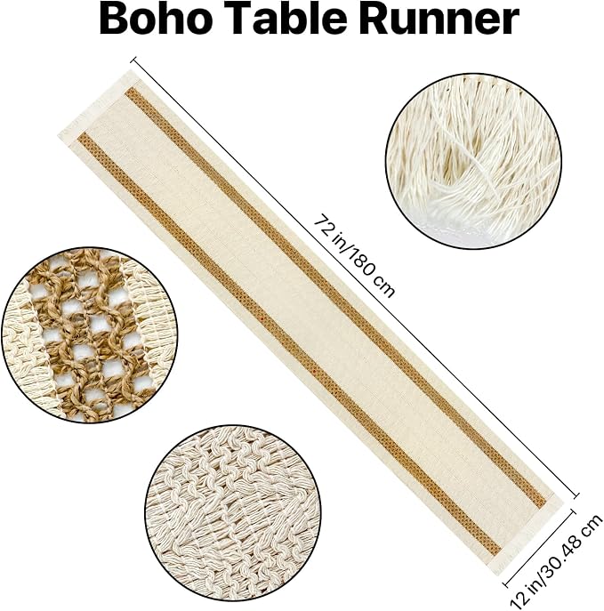 Round Woven Placemats Set of 6, with 72 Inches Long Farmhouse Macrame Table Runner Burlap Cotton Linen Table Runners Chargers for Dinner Plates, Beige & Brown