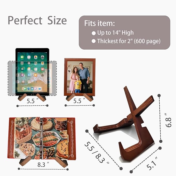 Cookbook Stand for Kitchen Counter Holds 600-Page Books | Elegant Rustic Wooden Cook Book Stands for Display of Recipes & Tablets | Adjustable & Detachable Cookbook Holder Stand for Home Chefs