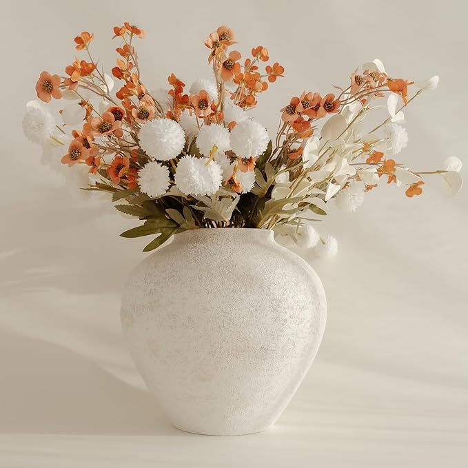 SilkSerenade White Silk Kiku Flower Arrangements with Eucalyptus & Umber Wild Flowers for Home Decor, Fake Flores Long Orange Tall Mums Earthy Rust Stems Artificial Floral Kitchen Dining Centerpieces
