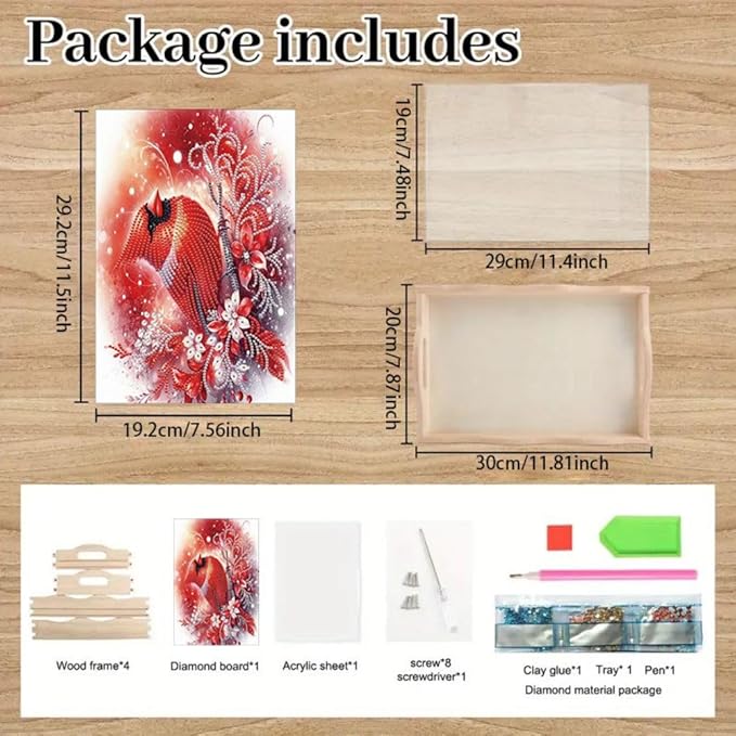 DIY Diamond Serving Tray Diamond Art Painting Creative Design Handmade Wooden Tray Dinner Plate for Coffee Breakfast Home Organizer-Cardinal