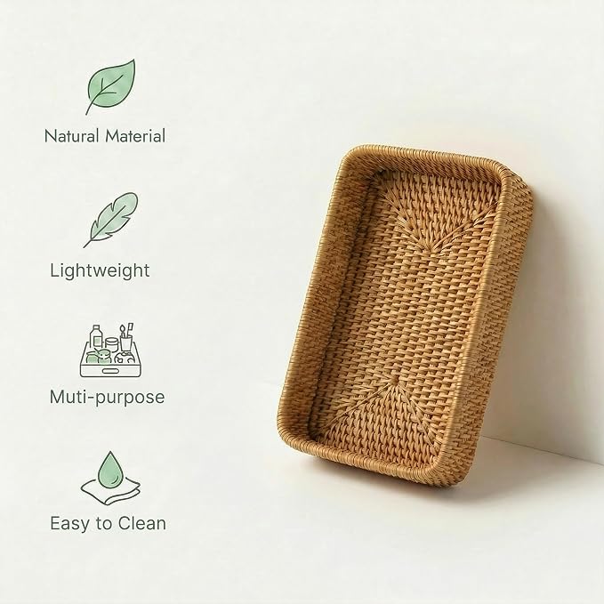 9.8" x 5.3" Rattan Tray, Wicker Decorative Tray, Woven Tray Rectangular, Natural Vanity Tray, Catchall Organizer Storage for Bathroom Kitchen Counter Entryway Coffee Bar Nightstand (Rectangular S)