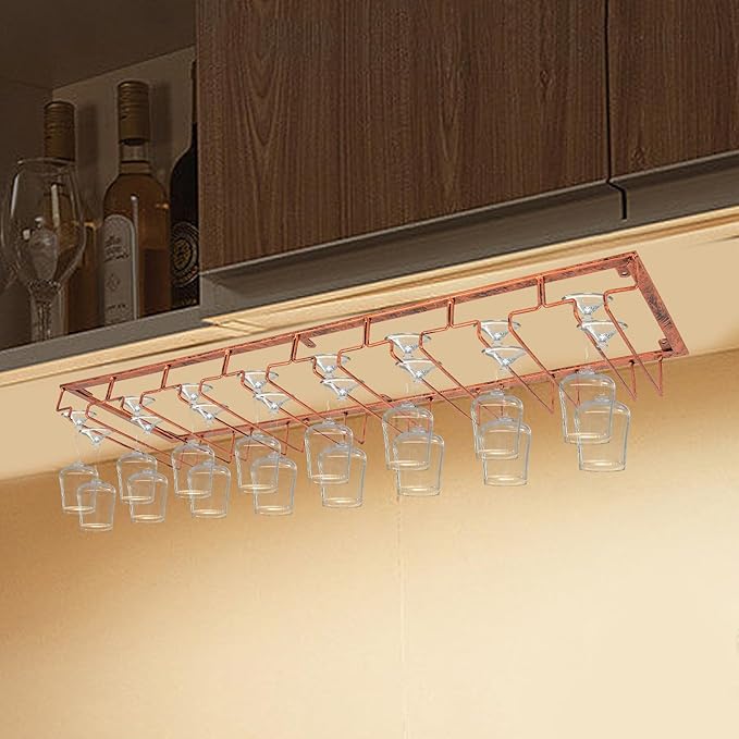 16 Wine Glasses Rack Holder Hanging Metal Storage Shelf Wall-Mounted Cup Holder Upside Down Hanging Under Cabinet Wine Glass Iron Holder Rack For Bar Kitchen (Bronze)