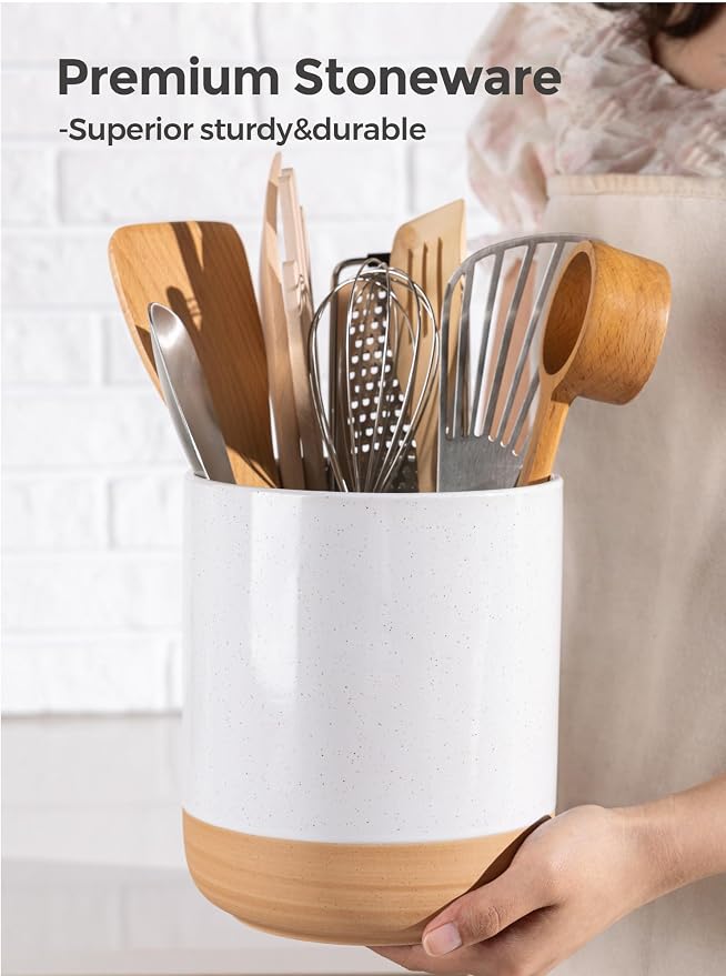 AmorArc Ceramic Utensil Holder, 7.25"+5.4" Cooking Utensil Crock for Countertop, Kitchen Countertop Organizer with Rustic Terracotta Underside for Spatula, Set of 2