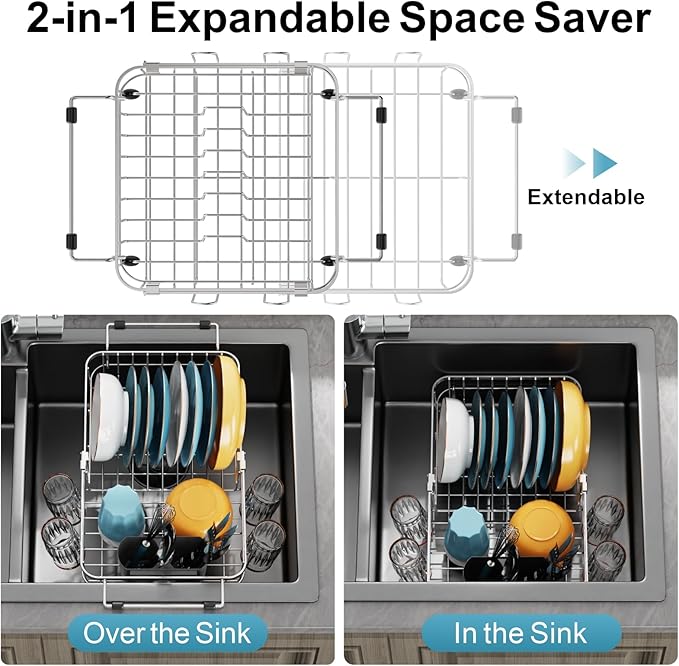 GSlife Small in Sink Dish Drying Rack - Expandable Stainless Steel Compact Over The Sink Dish Drainer with Utensil Holder for RV Kitchen Apartment, Silver