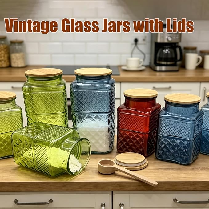 Viovian 60oz Red Glass Jar with Lid and Spoon Square Glass Storage Jars,Vintage Coffee Canister Decorative Glass Container for Food Nuts Sugar