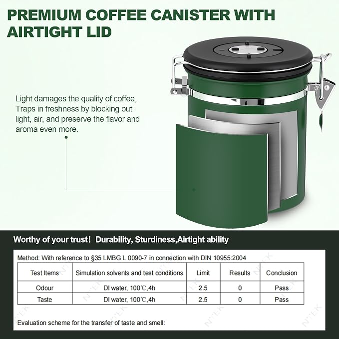 ShanSon Coffee Canister Airtight, Stainless Steel Bean Storage Container with Date Tracker & Scoop, Grounds Sugar Flour Tea Cereal Fits Kitchen Pantry, Ideal Gift for Coffee Lovers,16oz, Dark Green