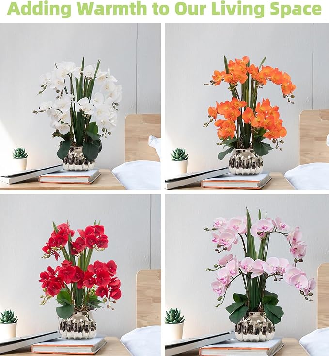CXGS Artificial Orchid Flower Real Touch Faux Orchids in Ceramic Vase Large 22.9'' Fake Flowers Pink Phalaenopsis Floral for Home Indoor Decor