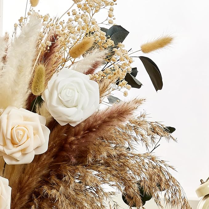 Wracra 100pcs Artificial Flowers in Vase, Fake Flowers Arrangement with Vase, Dried Pampas Grass Floral Centerpieces for Home Office Decoration, Farmhouse Kitchen Dining Table Decor