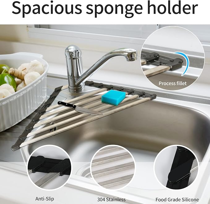 Ahyuan Corner Sink Dish Drainer over the Sink Dish Drying Rack Corner Dish Rack SUS304 Cubic Stainless Still Kitchen Sponge Holder Corner Sink Sponge Caddy Dish Rack (Black)